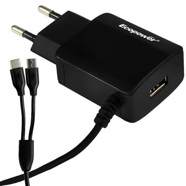 Cargador USB Ecopower EP-7068 con Cable TYPE-C y Micro USB - Negro